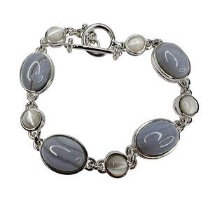 VTG Blue Lace‎ Agate & Cats Eye Silver Chain Bracelet w/ Toggle Clasp 7.5 Inches